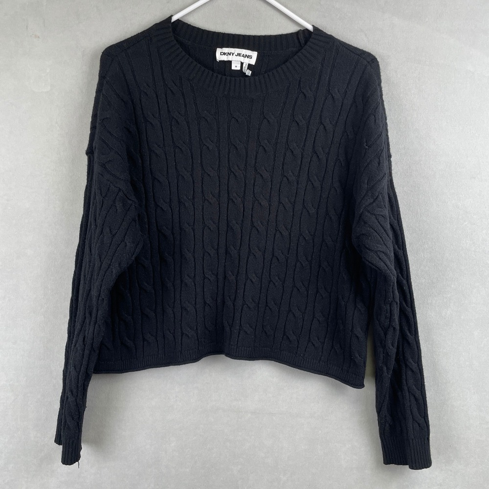 DKNY Jeans Womens Black Cable Knit Crewneck Boxy Cropped Y2K Coquette‎ Sweater M